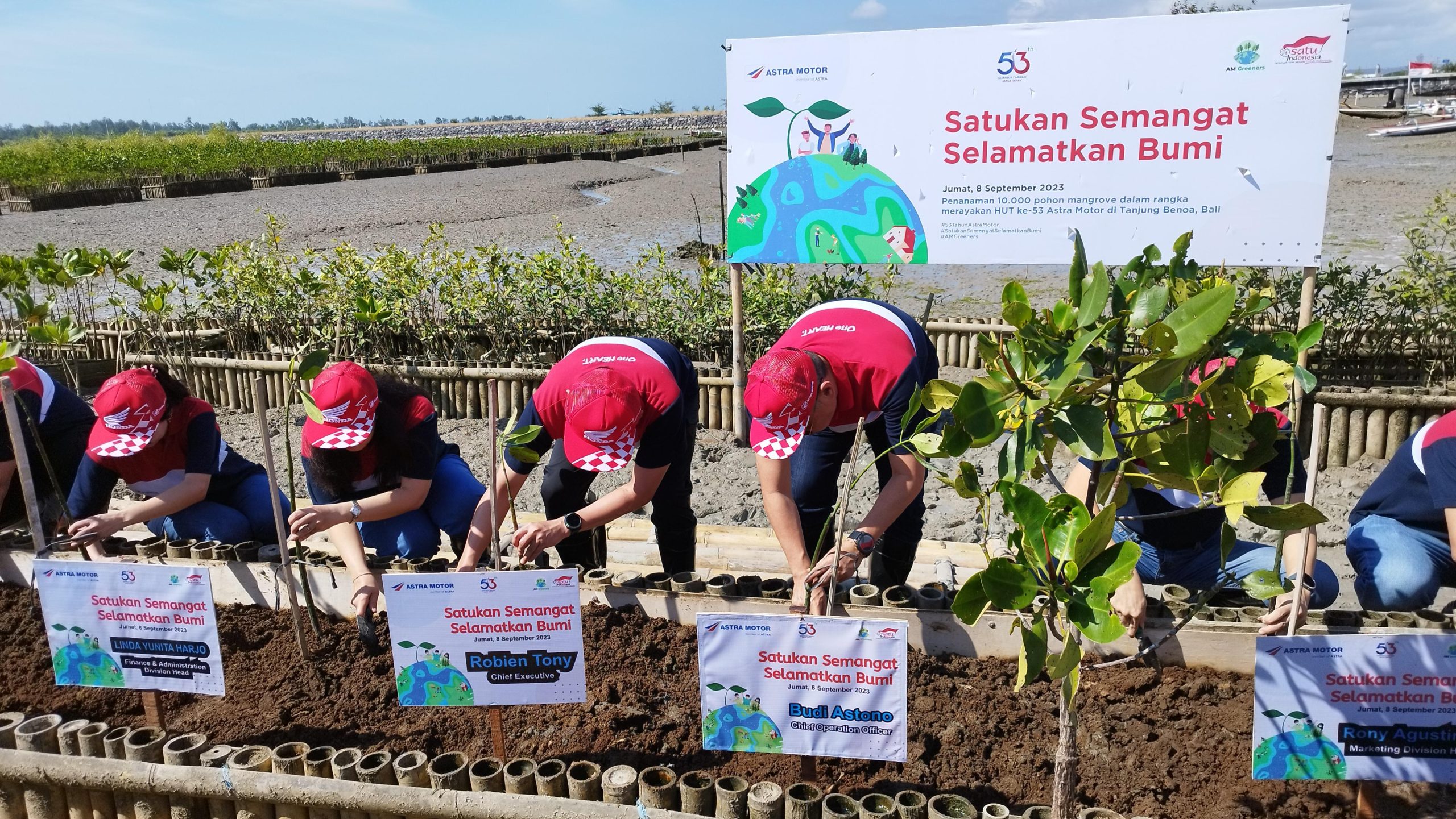 Seluruh manajemen Astra Motor turut melakukan penanaman bibit pohon mangrove sebagai penutupan acara HUT ke-53 Astra Motor. Sebanyak 10.000 bibit pohon mangrove akan ditanam di Mangrove Arboretum Park, jalan Raya Pelabuhan Benoa Pedungan, Denpasar Selatan, Bali (8/9/23). ( Foto : Istimewa ).